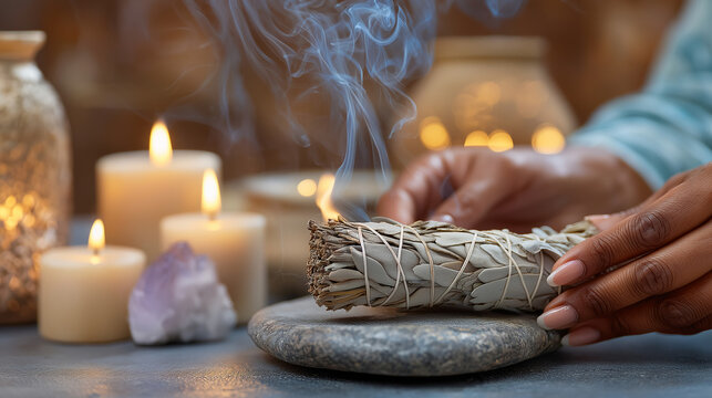 Energy Cleansing Ritual with White Sage Smudge in a Quiet Room