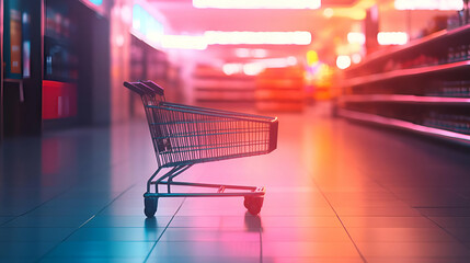 Pixelated Shopping Cart In Grocery Store Aisles With Neon Lighting