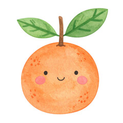 Cute illustration of smiling orange with leaves, featuring playful and cheerful expression