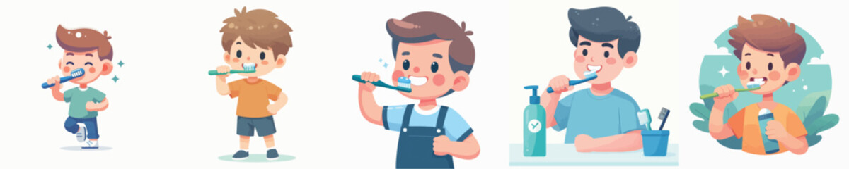 Vector of a boy brushing his teeth.