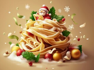 Festive Santa Claus figure atop a swirl of golden pasta with Christmas decorations