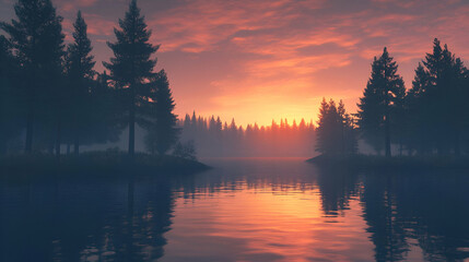 Pixelated Forest Sunset Over Lake