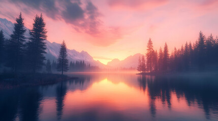 Serene Pink Sunset Over Misty Mountain Lake
