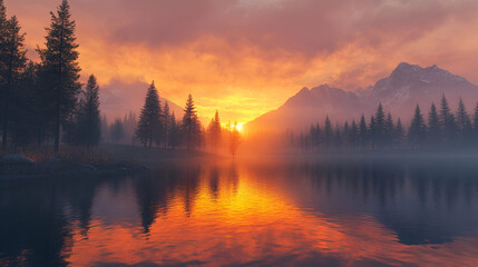 Sunset Over Mountain Lake With Pine Forest