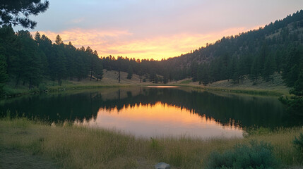 Sunset Over Mountain Lake With Reflection