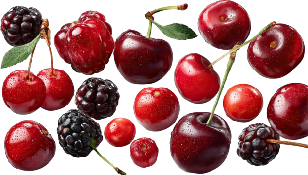A vibrant array of red cherries and blackberries, arranged against a dark background.  Fresh, juicy, and delicious looking