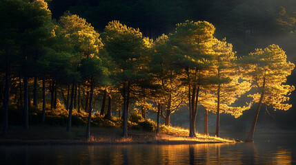 Golden Sunlight Illuminating Forest By Lake
