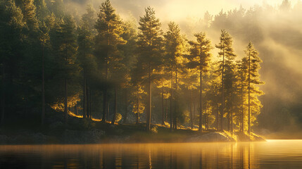 Golden Sunrise Over Misty Forest Lake