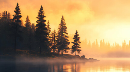 Golden Sunset Over Misty Forest Lake