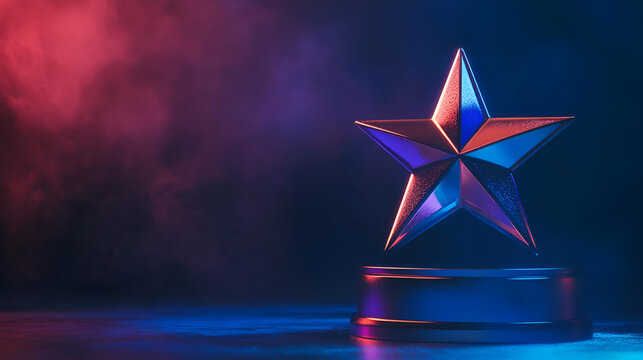 Glowing Star Award On Podium With Colorful Lighting
