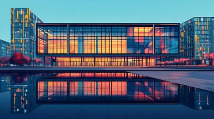 Modern Building With Glass Facade Reflecting Sunset Colors