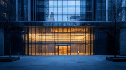 Modern Glass Building Entrance At Night In City