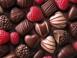 Fototapeta premium chocolates, including heart-shaped varieties and fresh raspberries, creates a delightful and romantic display