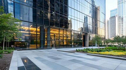 Modern Glass Building Exterior with Courtyard and Cityscapes