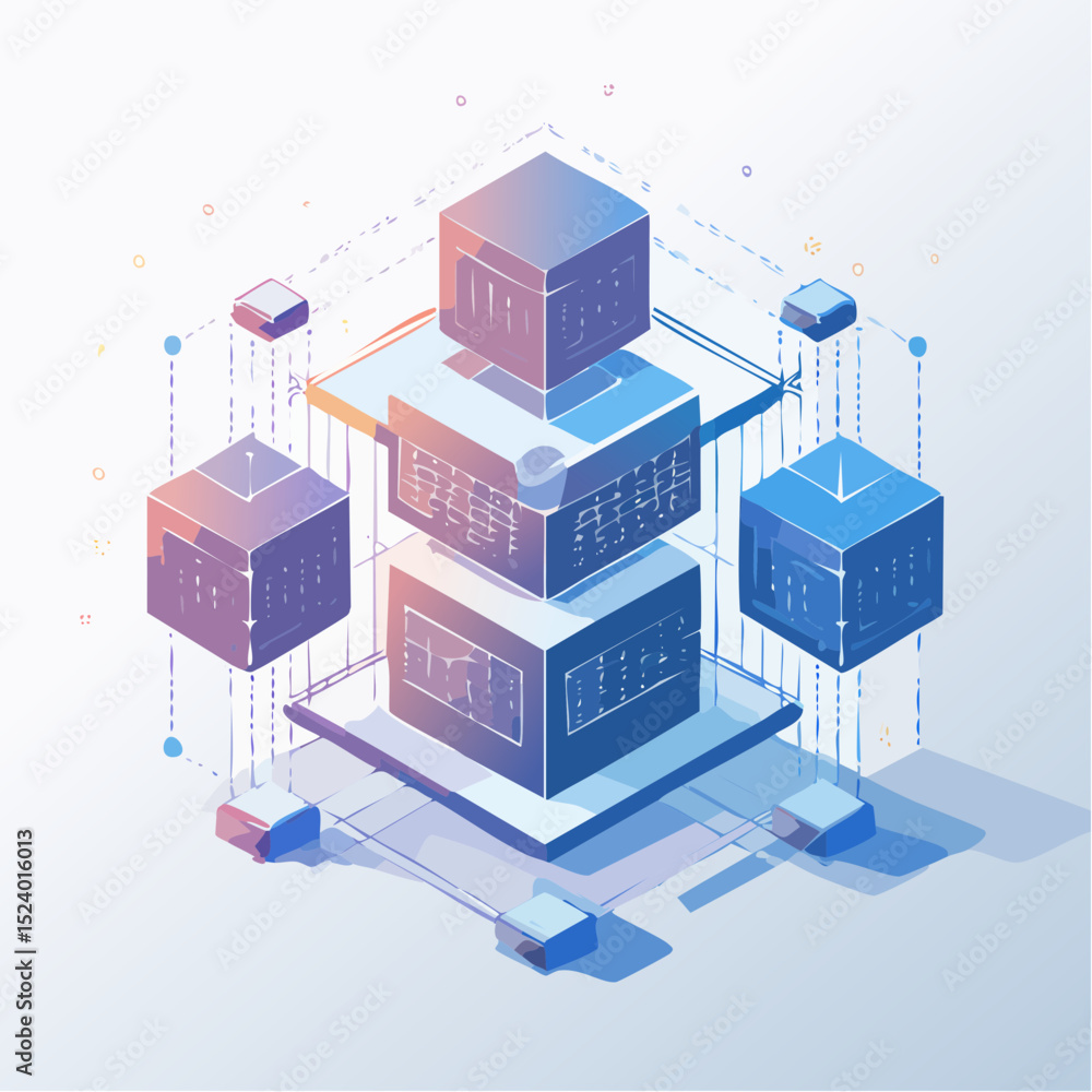 Poster modern vector graphic depicting blockchain technology as digital nodes connected with lighted lines,