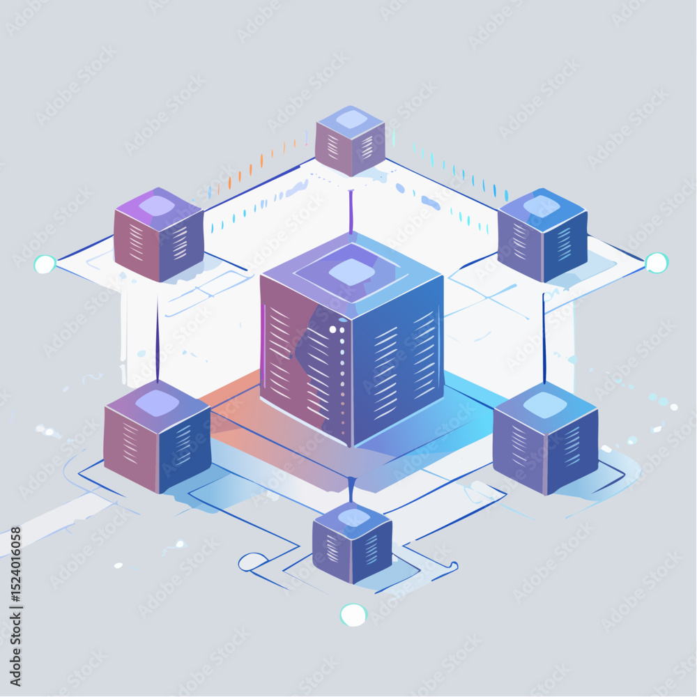 Fototapete vector artwork representing blockchain technology with interconnected glowing blocks, suspended in a