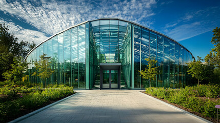 Modern Greenhouse Building With Glass Facade And Lush Gardens