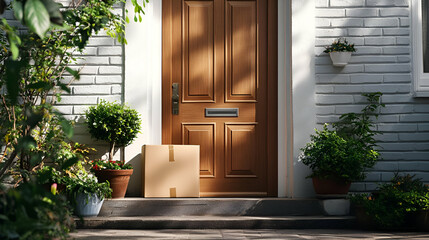 Package On Steps At Wooden Front Door Of Home