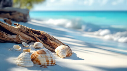 Seashells On White Sand Beach With Driftwood