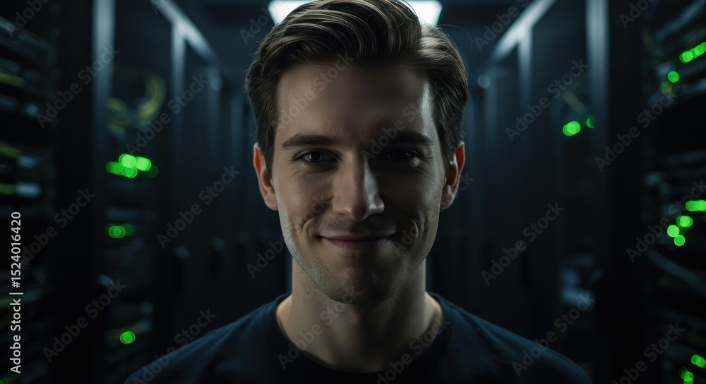 Poster tech professional smiling within server room
