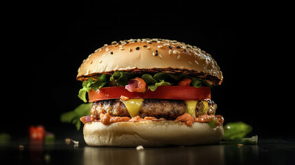 Delicious burger with sesame seed bun, fresh lettuce, tomato, and cheese, served on dark background, highlighting its appetizing layers and vibrant colors