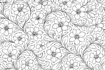Floral pattern design with intricate flowers and leaves in black and white  