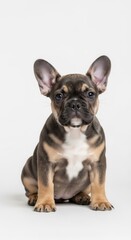 Fototapeta premium A cute french bulldog puppy sitting on a white background looking at the camera with big ears up
