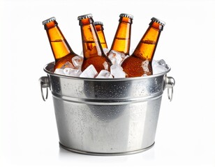 Beer Bottles in Ice Bucket on White background