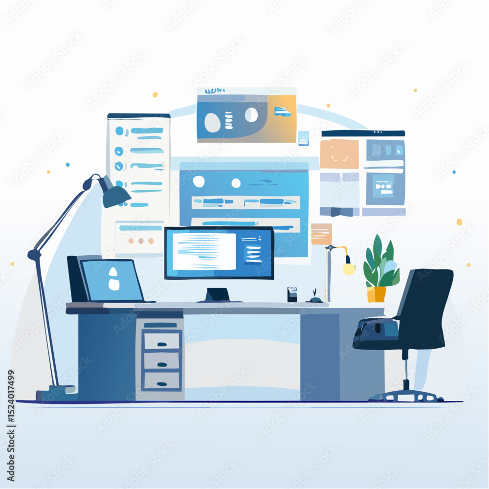Aufkleber vector scene of a modern tech workspace with an ai assistant on a digital screen, smart devices, neo