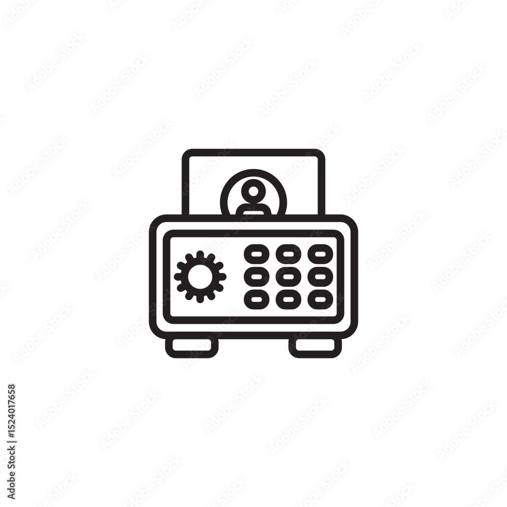Aufkleber a simple line art icon depicts a safe with a gear symbol, a keypad, and a stylized figure emerging f