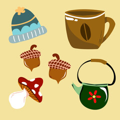  Zestaw jesienny – czajnik, filiżanka, kapelusz, muchomor, żołędzie © Laura