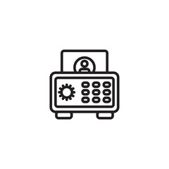 A simple line art icon depicts a safe with a gear symbol, a keypad, and a stylized figure emerging from the top, possibly representing secure personal data or a protected user profile.