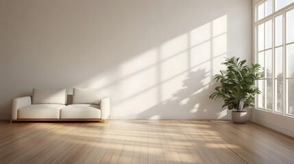 Fototapeta premium Modern mid century and minimalist interior of living room ,empty room , white wall and wood floor ,3d render