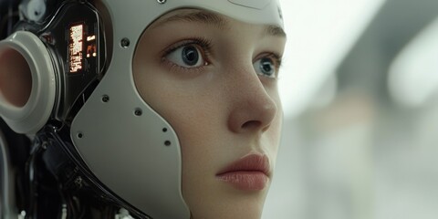Close-up Portrait of a Female Android with Digital Display and Futuristic Headgear