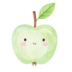 Cute watercolor illustration of smiling green apple with leaf