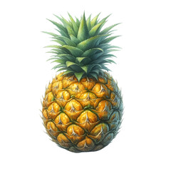 Watercolor of a single ripe pineapple in centere, Detailed texture of the golden-yellow skin and soft green leaves