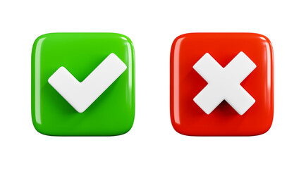 Green check mark and red cross icons isolated on transparent background. 3D render.