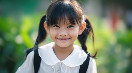 Cute girl smiling brightly on summer day against green background in close-up portrait with sharp focus, blurred foreground, wearing white dress and black braids, exuding childlike innocence and joy.
