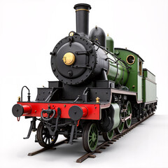 Obraz premium Vintage steam locomotive on train tracks against a white background 