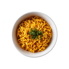 A close-up view of a bowl of noodles garnished with fresh herbs, set against a white background, ideal for culinary presentations and recipes.