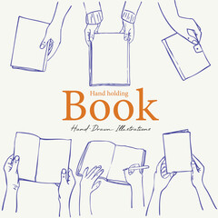 Hand drawn illustrations of hands holding books in various positions such as reading, writing, and flipping pages perfect for educational content, learning platforms, notebooks, and student materials