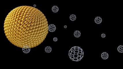 a 3d rendering of the interaction or encapsulation of fullerenes within liposomes, applications in nanotechnology, drug delivery, or materials science. 