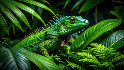 Fototapeta premium Green Iguana in Lush Tropical Foliage: A Vibrant Nature Image