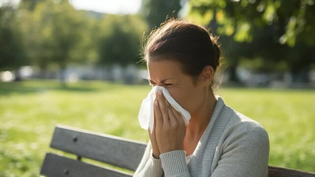 Woman with Seasonal Allergies: A woman experiences allergy symptoms, using a tissue to wipe her nose while sitting on a park bench surrounded by trees. 