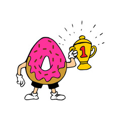  Cute donut mascot winning award and celebrating success hand drawn sketch