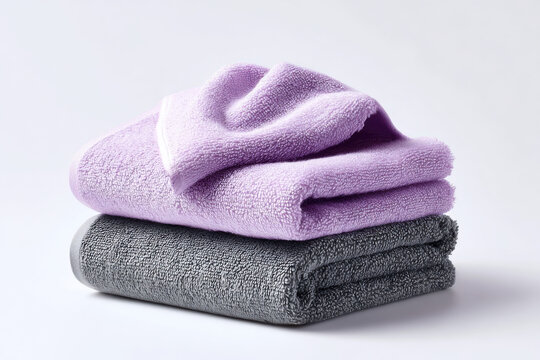 Stack of soft gray and purple towels on white background - Powered by Adobe