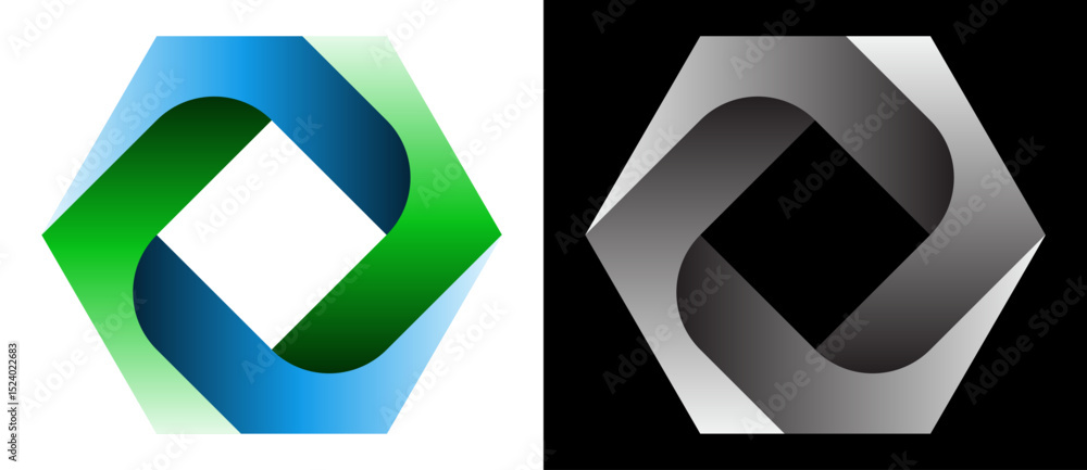 Poster hexagon with 4 elements green and blue colors in spiral. eco-friendly logo concept, icon or design e