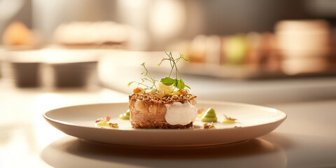 Delicious dessert on plate with creamy topping and garnished with herbs, set in modern kitchen. warm lighting appetizing presentation