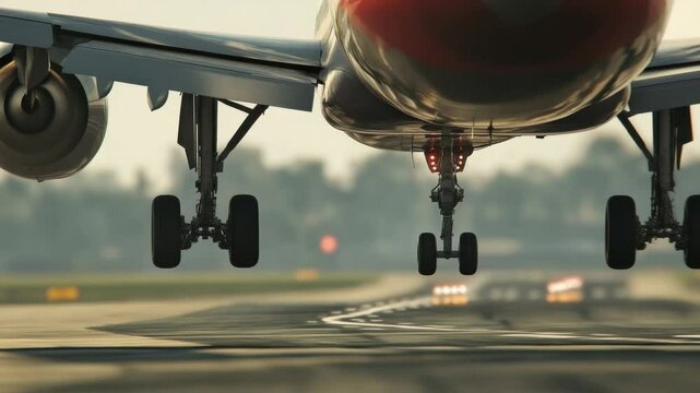 Soaring Descent: A close-up perspective captures the decisive moment of an airplane's landing, with the landing gear extended towards the runway.