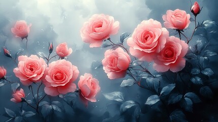 Pink Roses: Misty Garden, Floral Background, Romantic Bloom, Botanical Illustration, Nature Photography, Flower Wallpaper